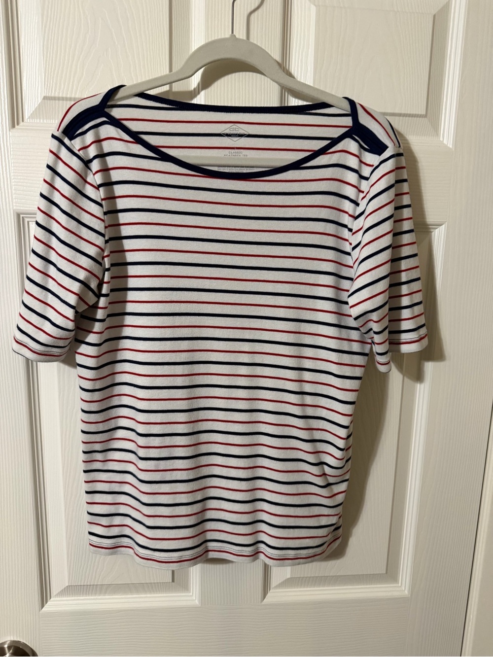 Women’s Striped Short-Sleeve Tee in White with Navy & Red Stripes